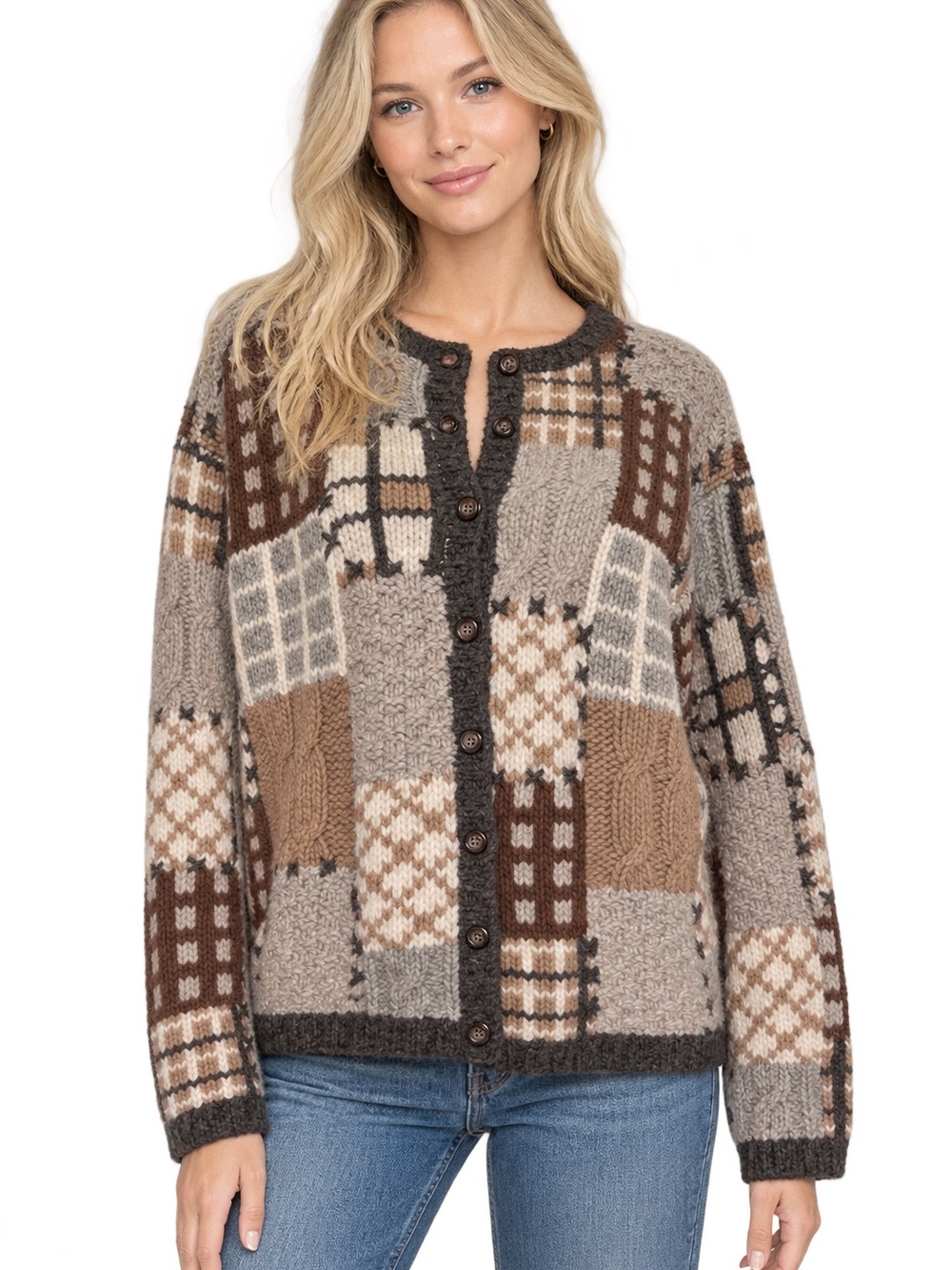 Talbots Patchwork Button-Front Cardigan 100% Wool Brown Tones Size Large